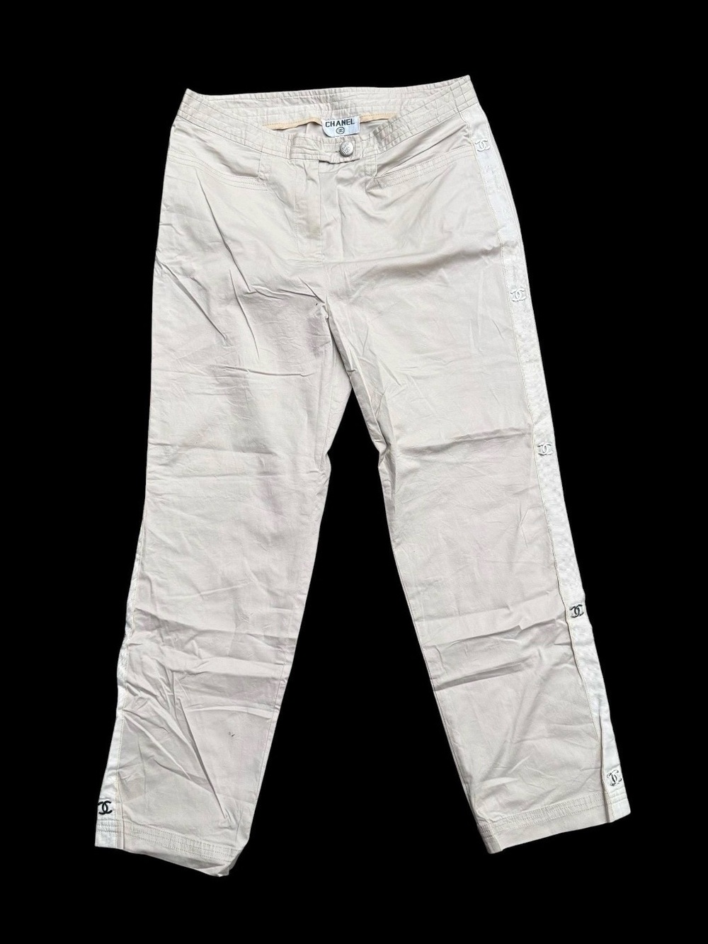 CHANEL VINTAGE KHAKI ANKLE TRACK TROUSERS-SIZE 40-MINT CONDITION